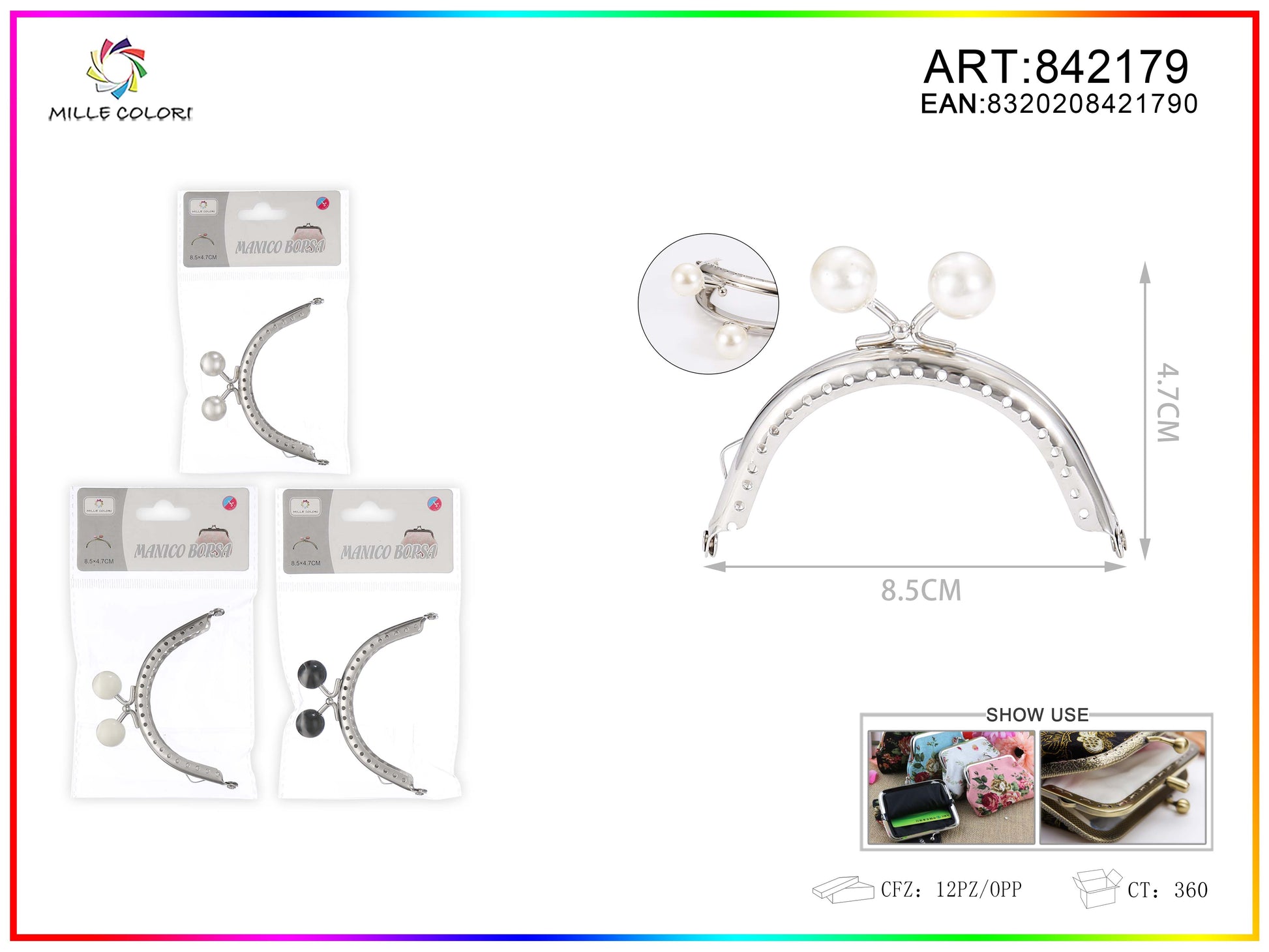 Chiusura clic clac per borse ad arco 8.5cm in metallo argento con perle bianche e profilo liscio