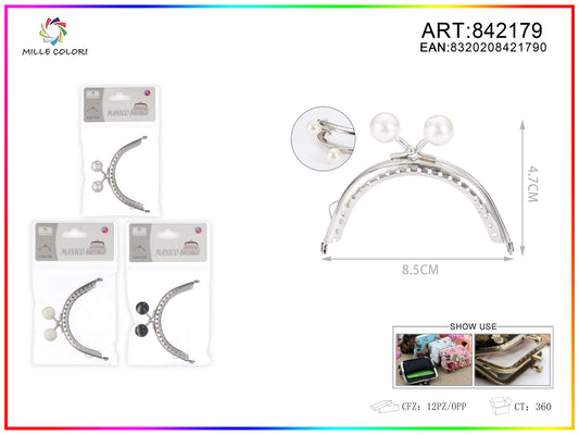 Chiusura clic clac per borse ad arco 8.5cm in metallo argento con perle bianche e profilo liscio
