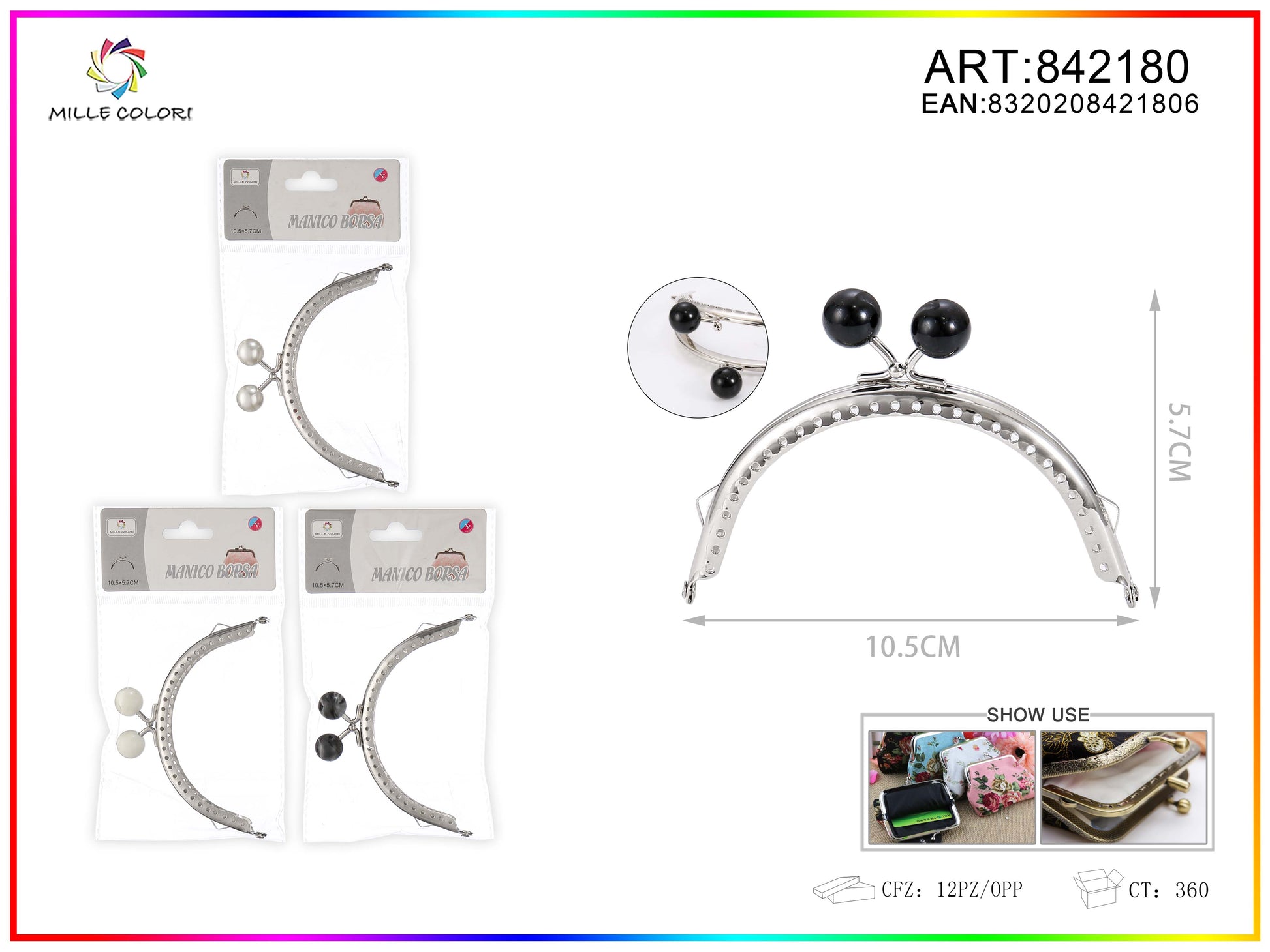 Chiusura clic clac per borse ad arco 10.5cm in metallo argento con sfere nere e profilo liscio