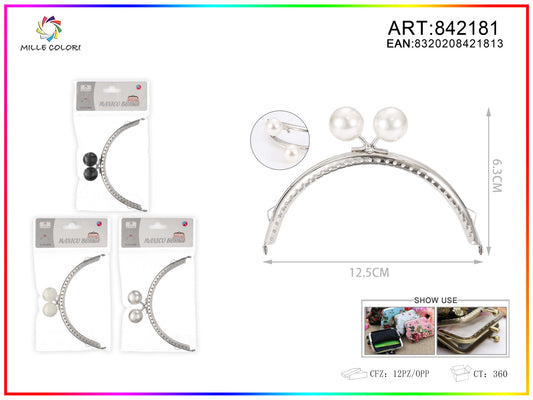Chiusura clic clac per borse ad arco 12.5cm in metallo argento con perle bianche e profilo liscio