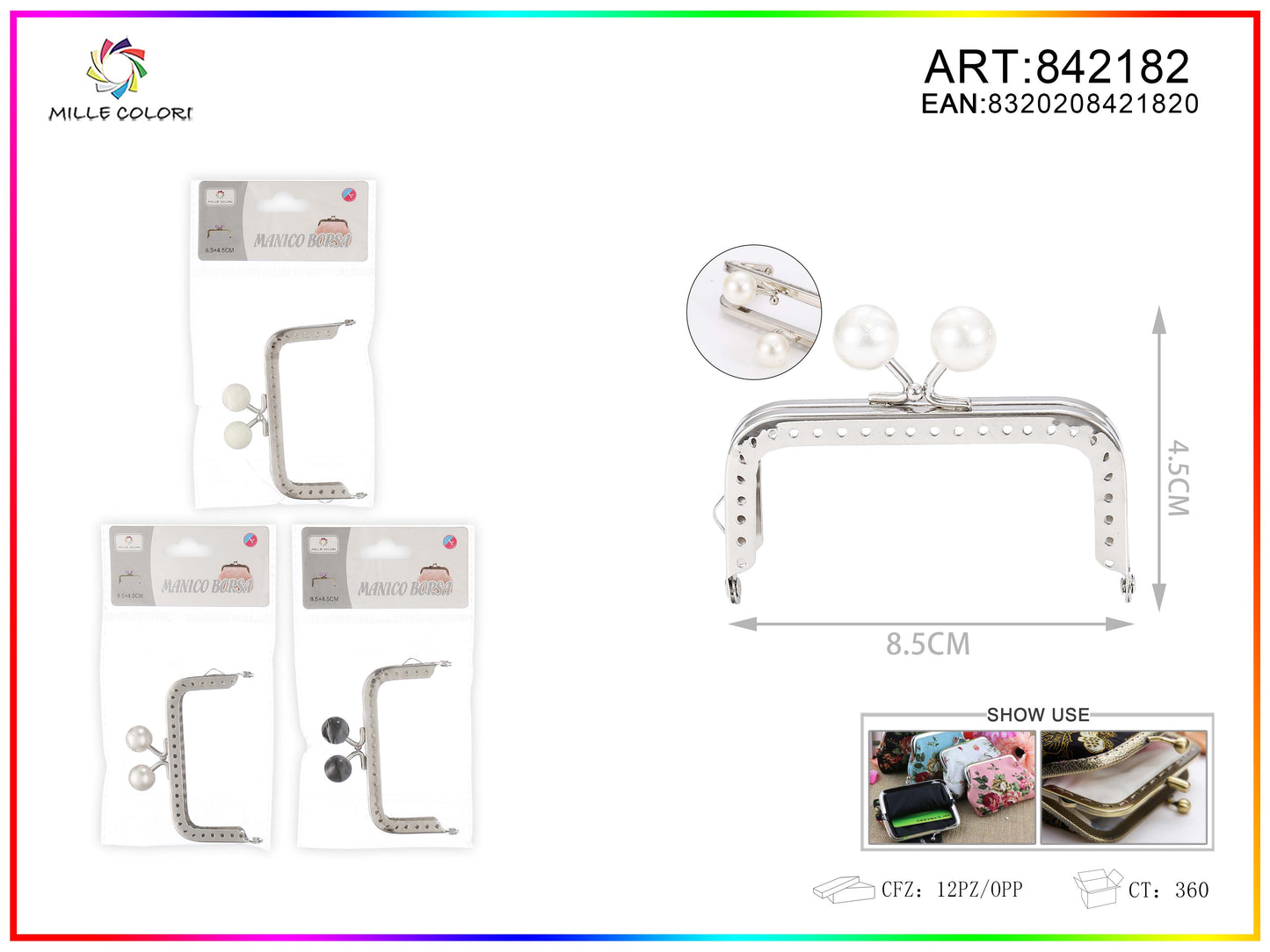 Chiusura clic clac per borse rettangolare 8.5cm in metallo argento con perle bianche e profilo liscio