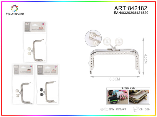 Chiusura clic clac per borse rettangolare 8.5cm in metallo argento con perle bianche e profilo liscio