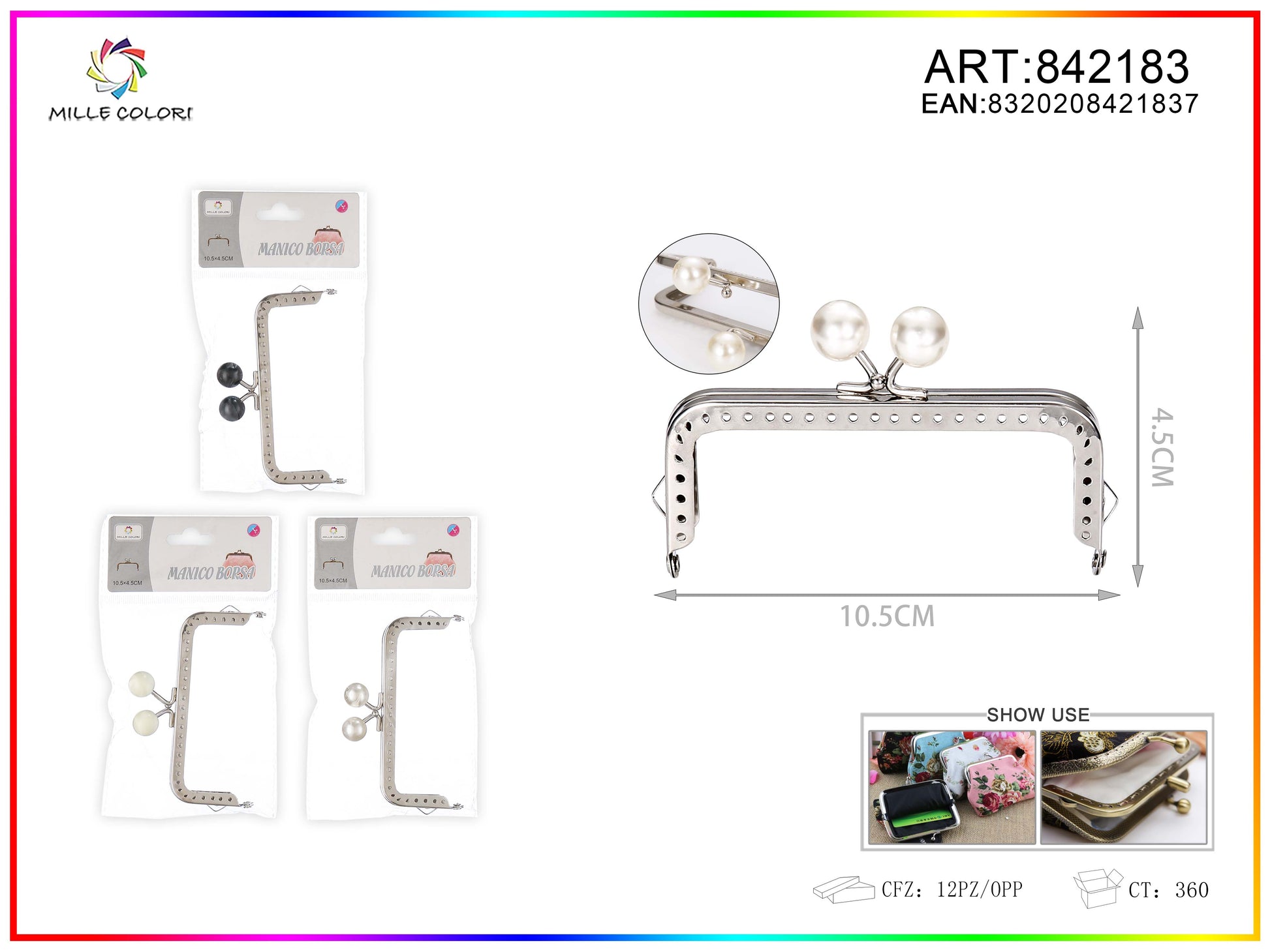Chiusura clic clac per borse rettangolare 10.5cm in metallo argento con perle bianche e profilo liscio