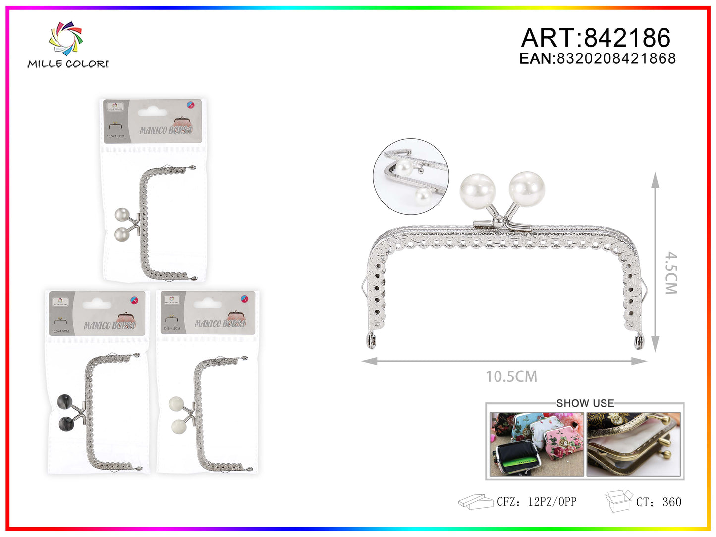 Chiusura clic clac per borse rettangolare 10.5cm in metallo argento con perle bianche e bordo decorato
