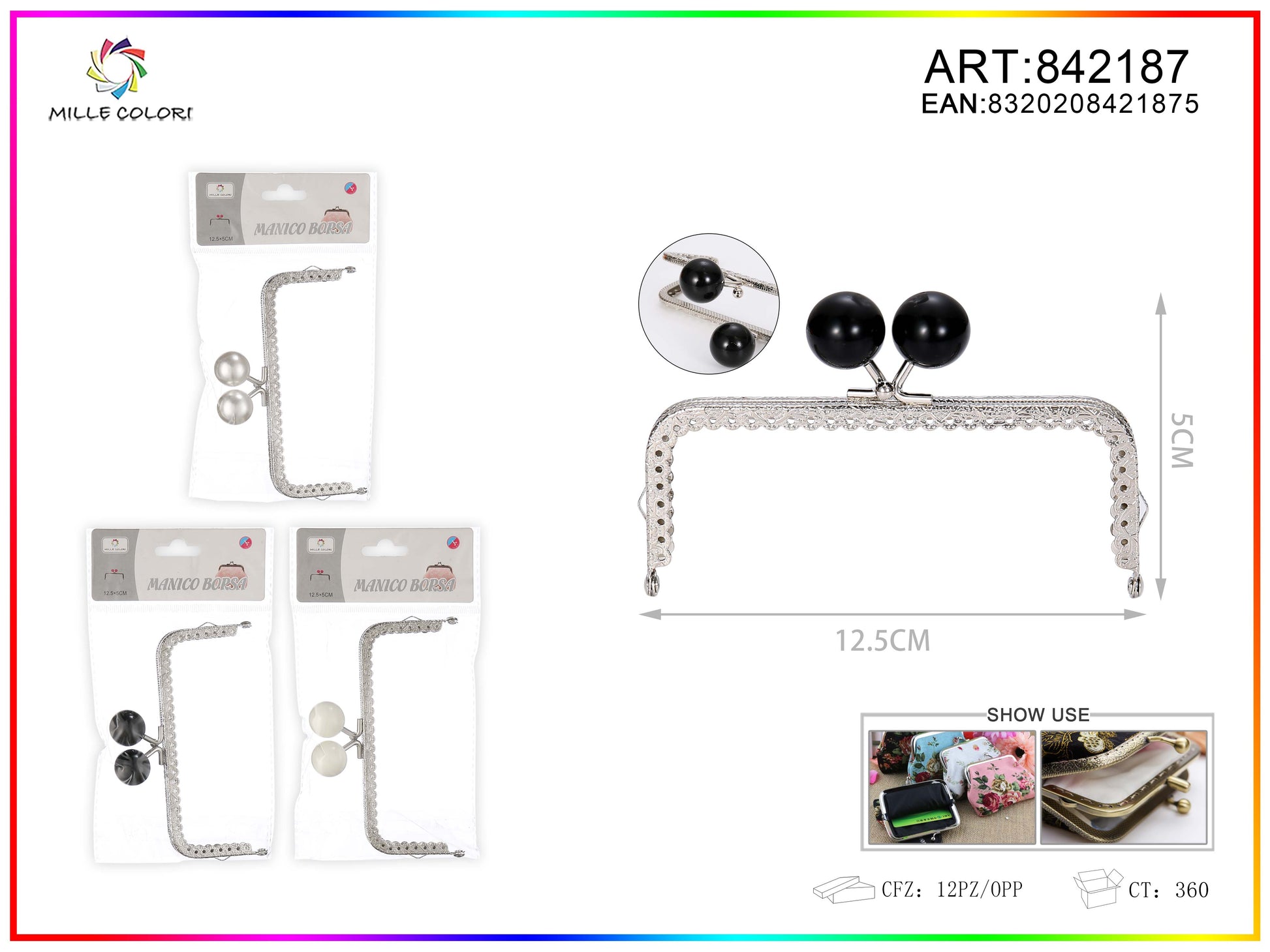 Chiusura clic clac per borse rettangolare 12.5cm in metallo argento con sfere nere e bordo decorato