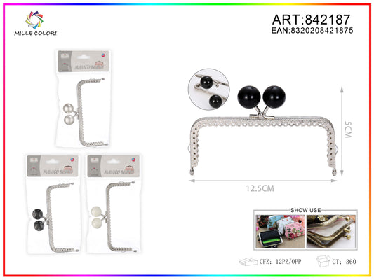 Chiusura clic clac per borse rettangolare 12.5cm in metallo argento con sfere nere e bordo decorato