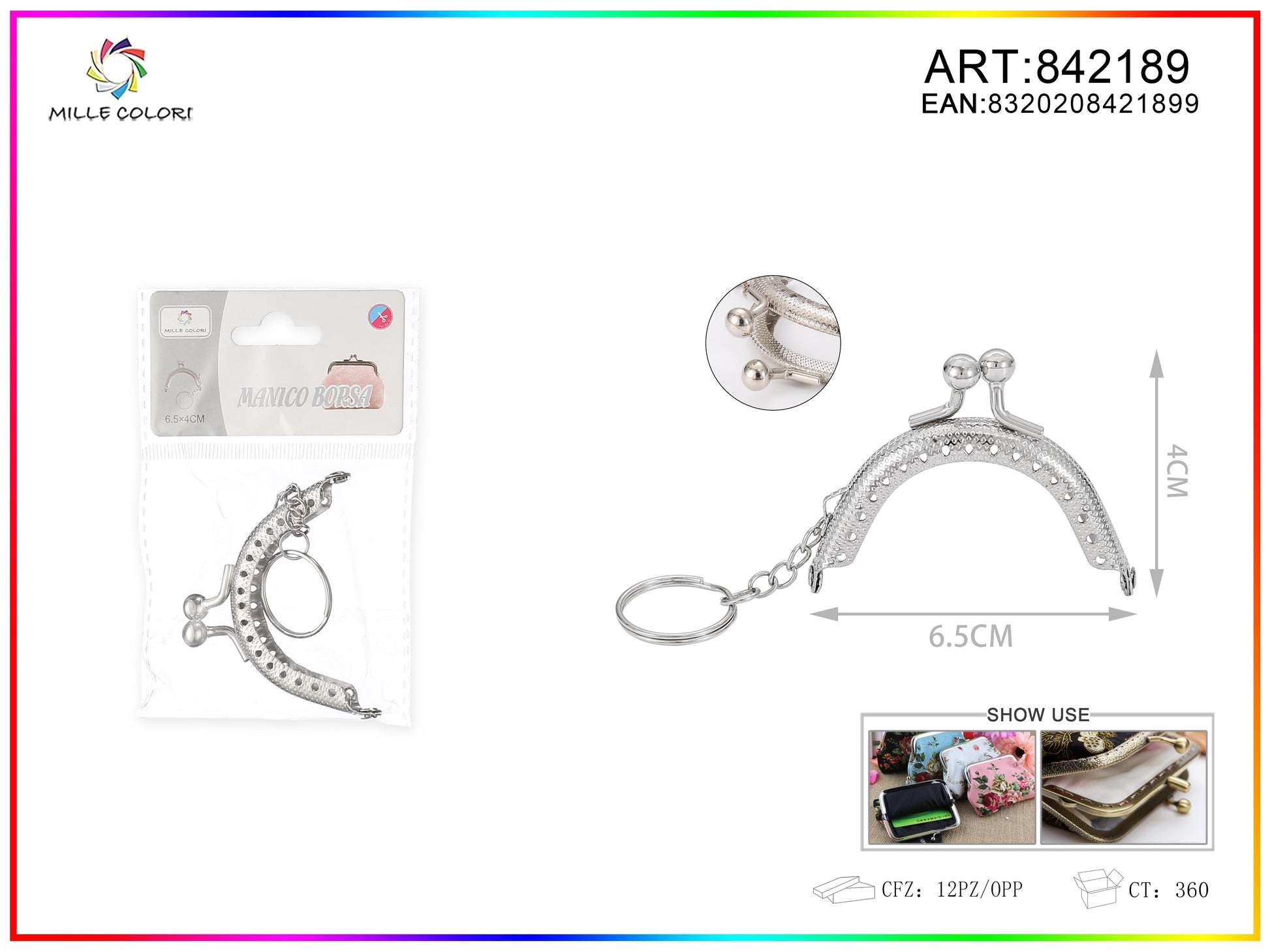 Chiusura clic clac per borse portachiavi 6.5 x 4cm in metallo argento con anello laterale