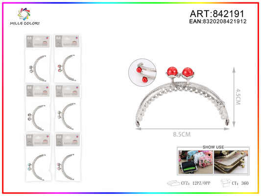 Chiusura clic clac per borse ad arco 8.5cm in metallo argento con sfere rosse e bordo decorato
