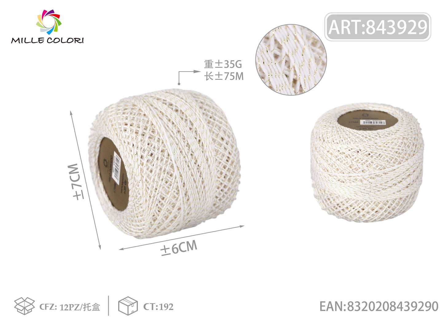 Filo ritorto di cotone con lurex 35G 75m -Bianco/Oro