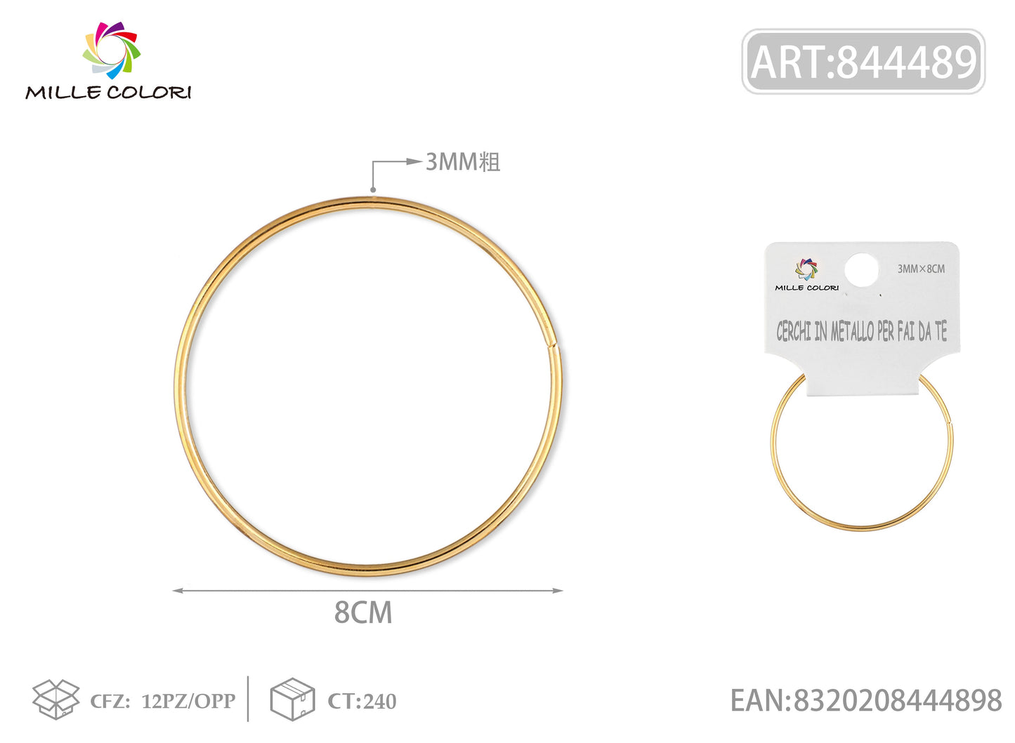 Cerchi in metallo per borse 3.0mm*8cm oro 2pz
