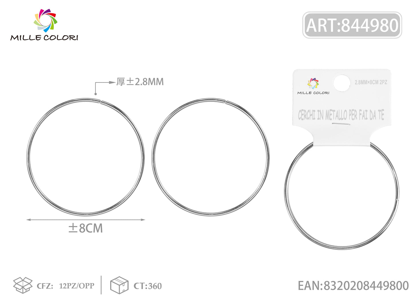 Cerchi in metallo per borse 2.8mm*8cm argento 2pz