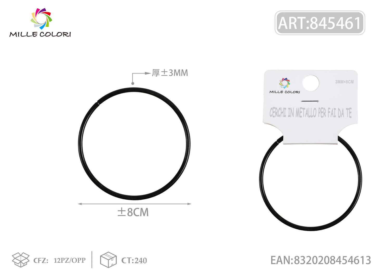 Cerchi in metallo per borse 3.0mm*8cm nero 2pz