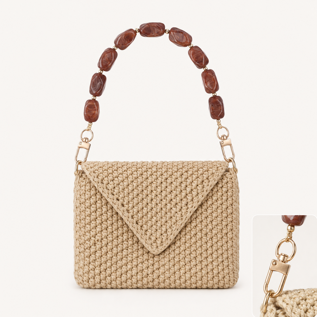 Manico Marrone Cioccolato con Elementi Sfaccettati – 32 cm | SKU 845726 | Immagine 3 di 3 | Borsa completa con la catena coordinata