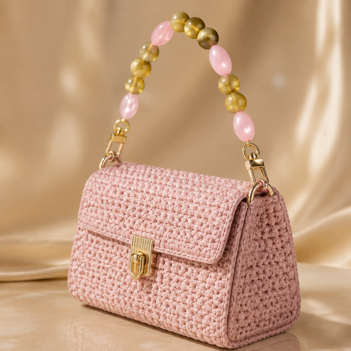 Manico Rosa e Oro Oliva con Perle Tonde – 32 cm | SKU 845729 | Immagine 3 di 3 | Borsa completa con la catena coordinata