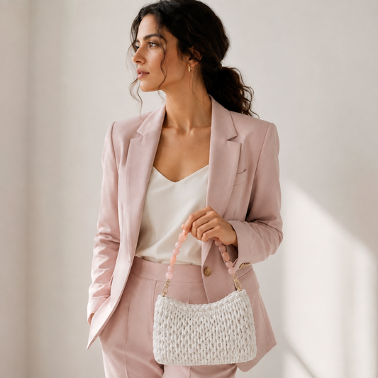 Manico Rosa Quarzo con Perle Tonde – 32 cm | SKU 845730 | Immagine 2 di 3 | Borsa indossata con la catena