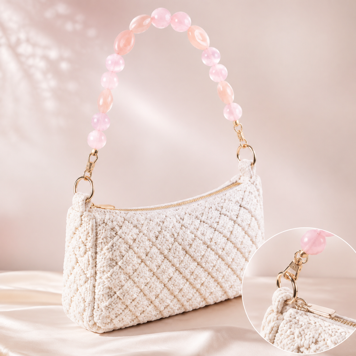 Manico Rosa Quarzo con Perle Tonde – 32 cm | SKU 845730 | Immagine 3 di 3 | Borsa completa con la catena coordinata