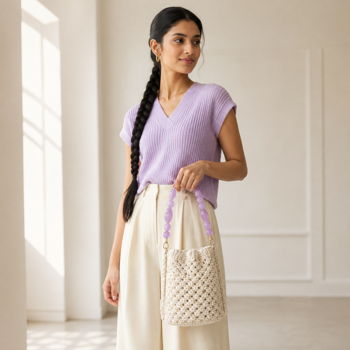 Manico Lilla con Perle Tonde – 32 cm | SKU 845732 | Immagine 2 di 3 | Borsa indossata con la catena