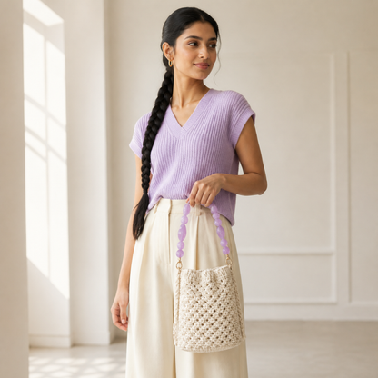 Manico Lilla con Perle Tonde – 32 cm | SKU 845732 | Immagine 2 di 3 | Borsa indossata con la catena