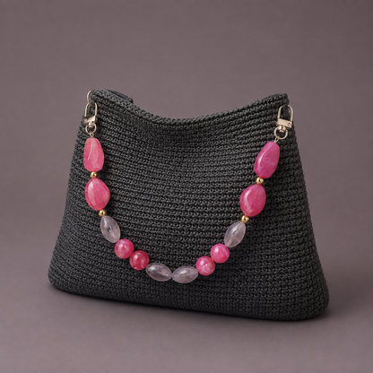 Manico Fucsia e Fumé con Perle Tonde – 32 cm | SKU 845733 | Immagine 3 di 3 | Borsa completa con la catena coordinata