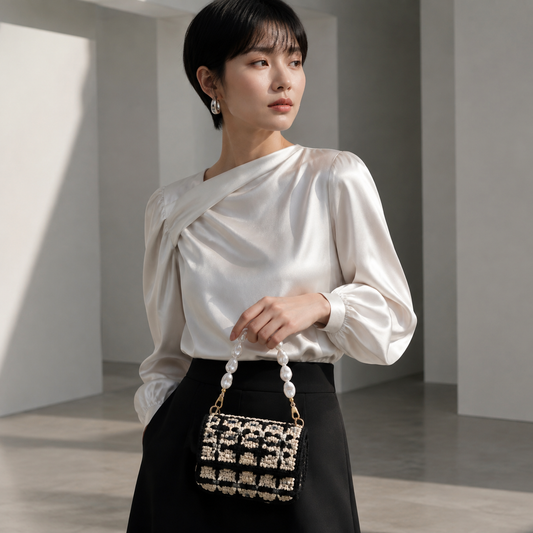Manico Perla Bianca con Maglie Irregolari – 32 cm | SKU 845735 | Immagine 2 di 3 | Borsa indossata con la catena