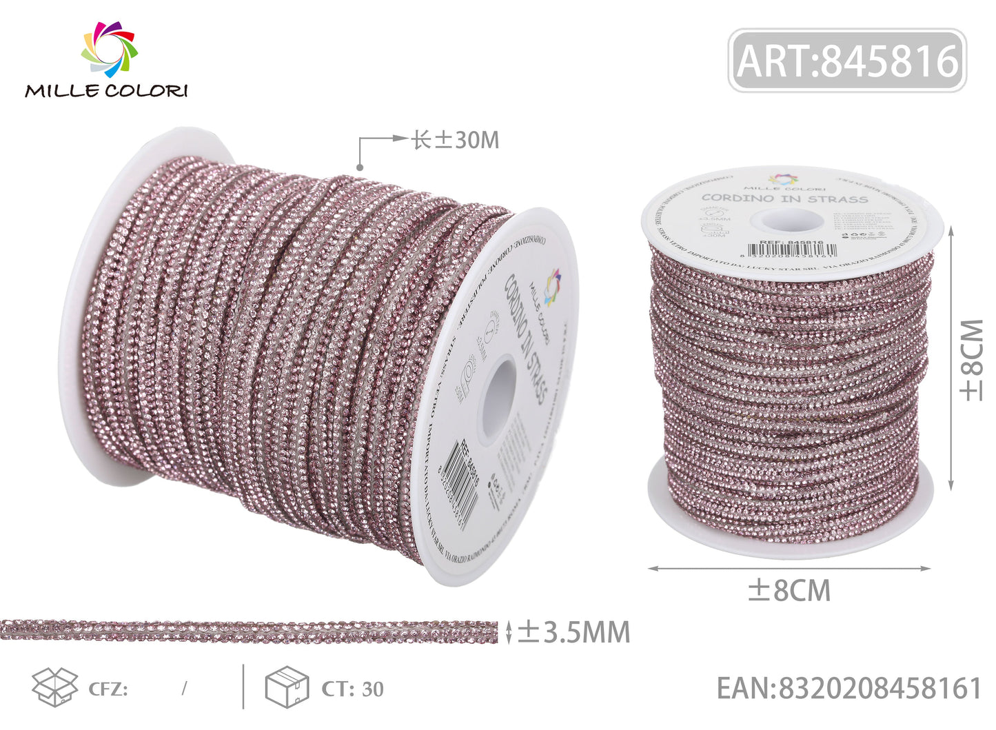 ROTOLO CORDINO STRASS ROSA 3.5MM