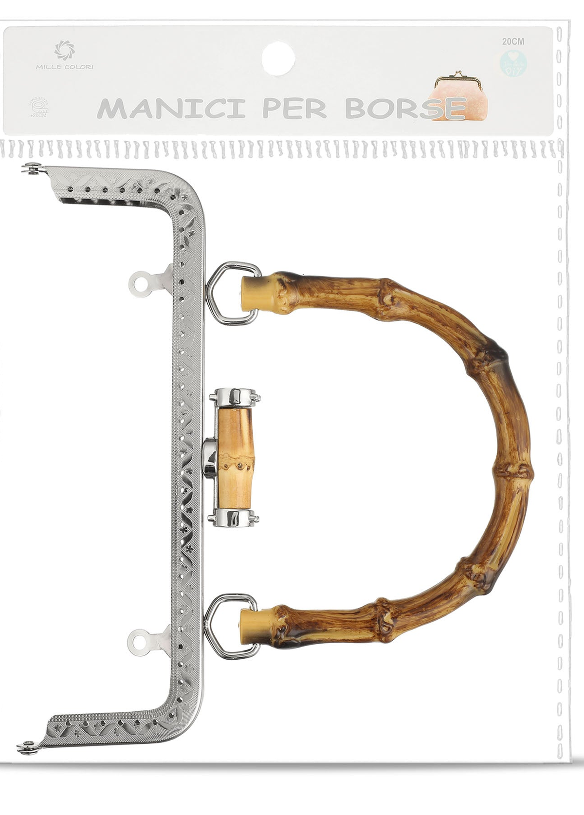 Chiusura Clic Clac per Borsa Argento 20x18 cm con Manico Effetto Bambù Mille Colori