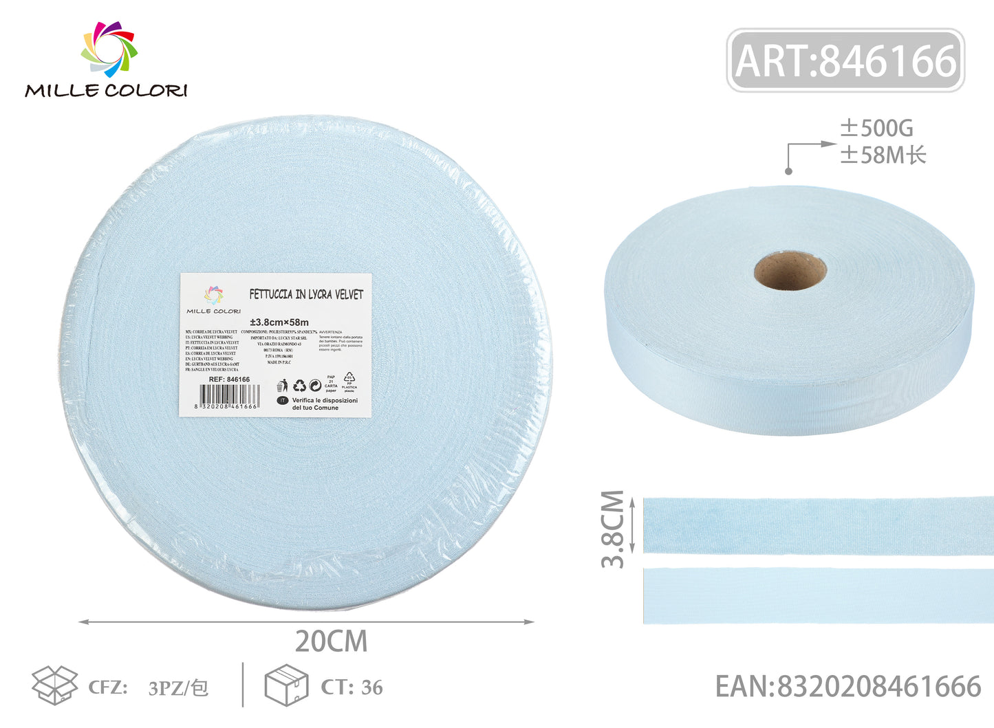 FETTUCCIA PIZZA VELLUTO 500g 3.8CMx58M CELESTE-MILLE COLORI