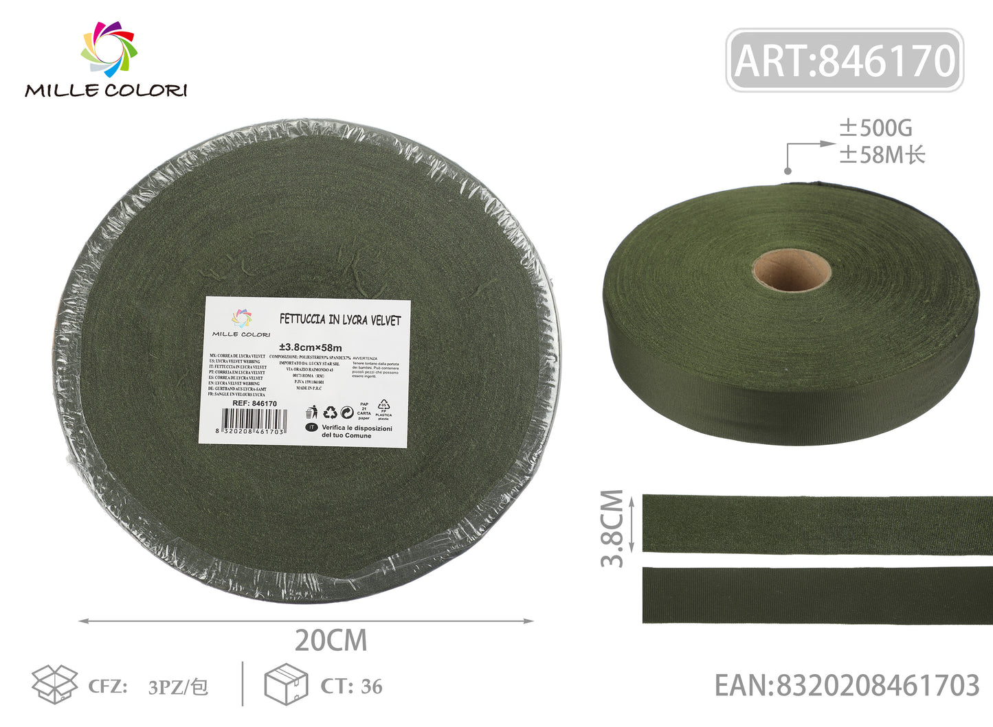FETTUCCIA PIZZA VELLUTO 500g 3.8CMx58M VERDE MARINO-MILLE COLORI