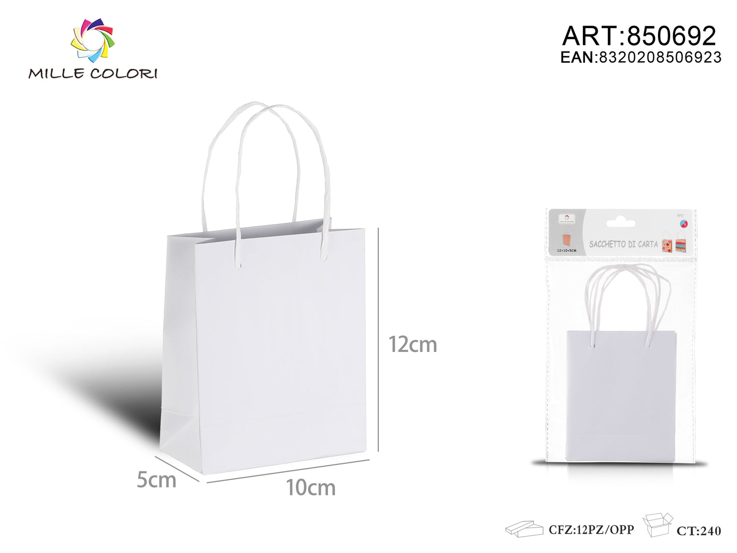 Sacchetto di carta 12x10x5cm 6pz bianco