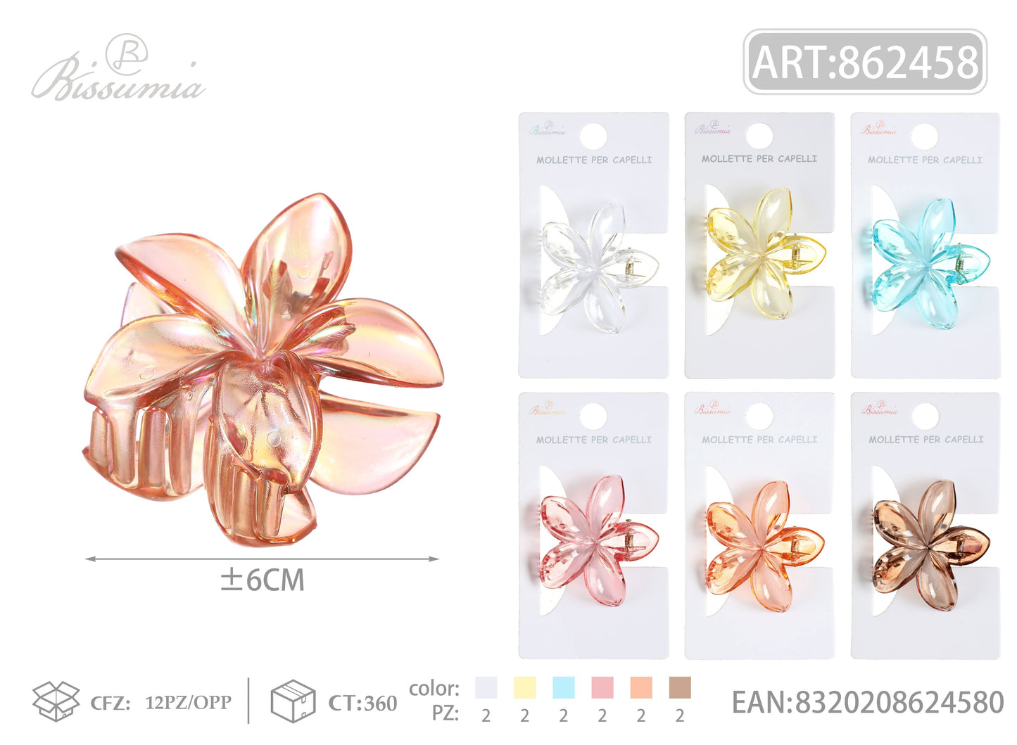 Set 6pz Mollette per Capelli a Fiore con Finitura Lucida Trasparente 6cm