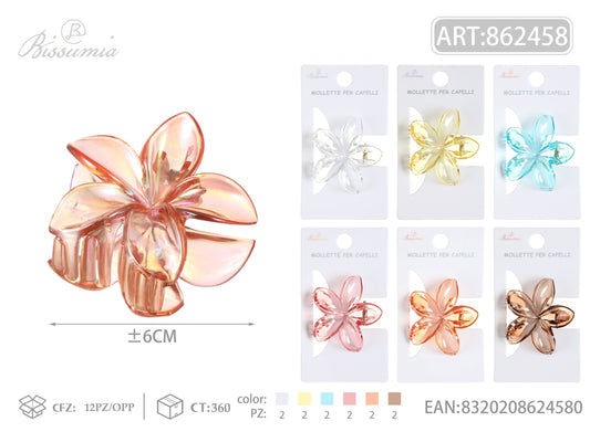 Set 6pz Mollette per Capelli a Fiore con Finitura Lucida Trasparente 6cm