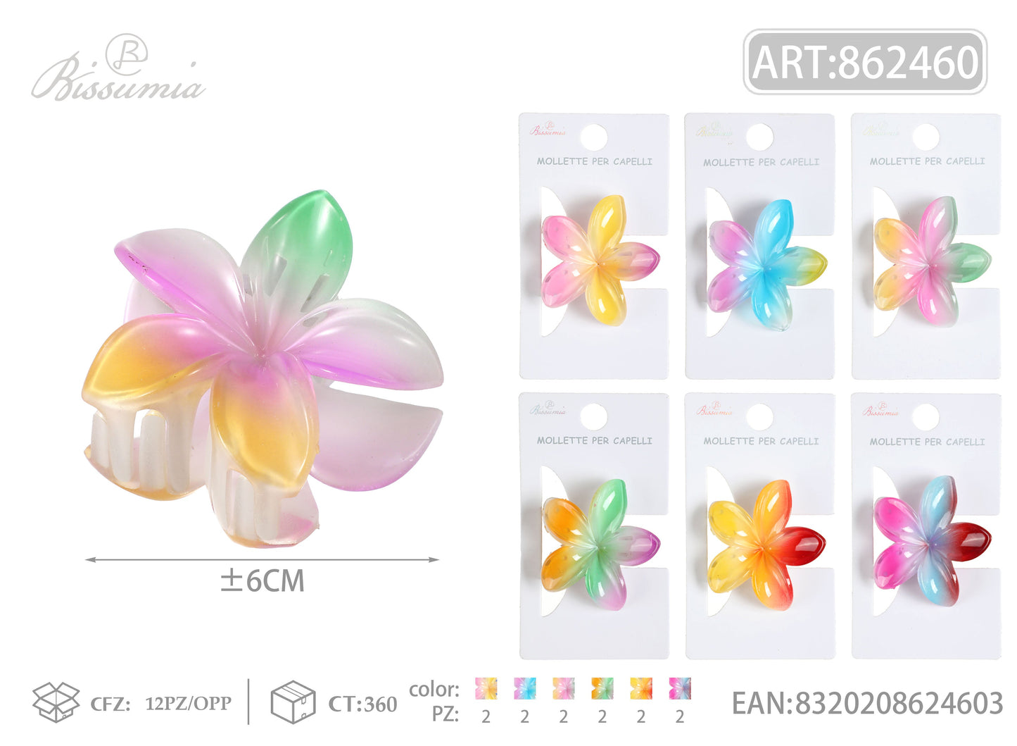 Set 6pz Mollette per Capelli a Fiore Effetto Arcobaleno 6cm