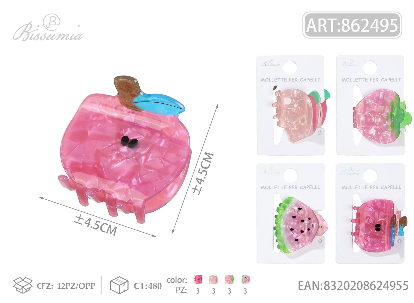 Set 4pz Mollette per Capelli Frutta Double Face 5cm rosa