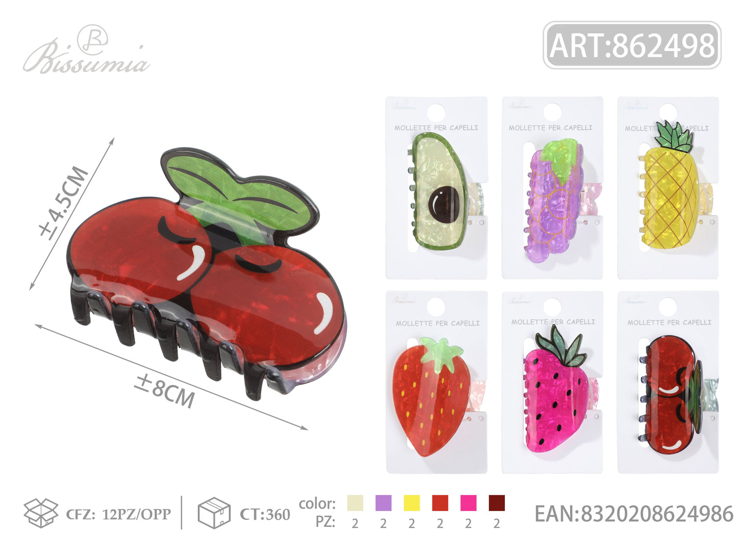 Set 6pz Mollette per Capelli Frutta 8cm