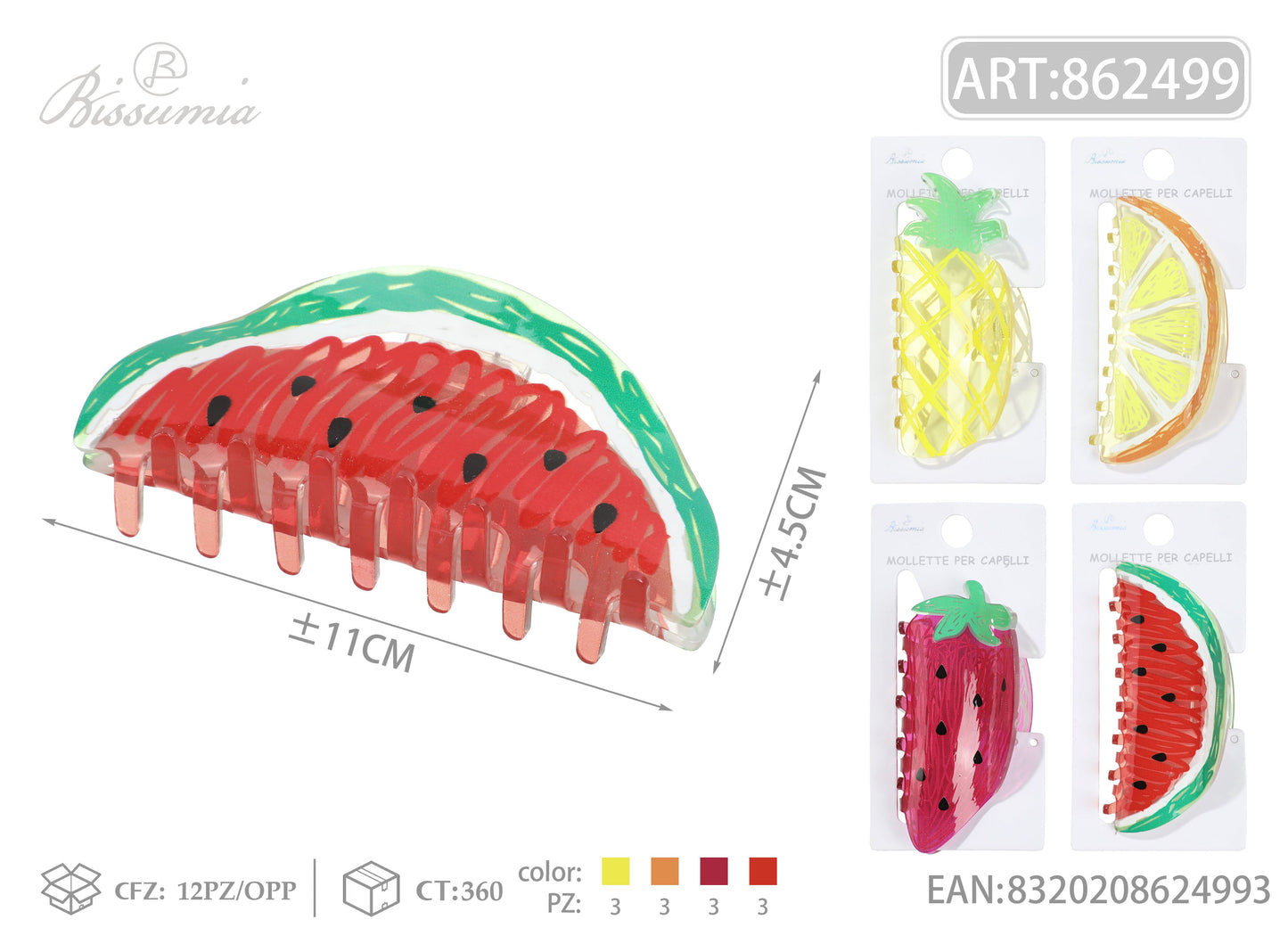 Set 4pz Mollette per Capelli Frutta 11cm