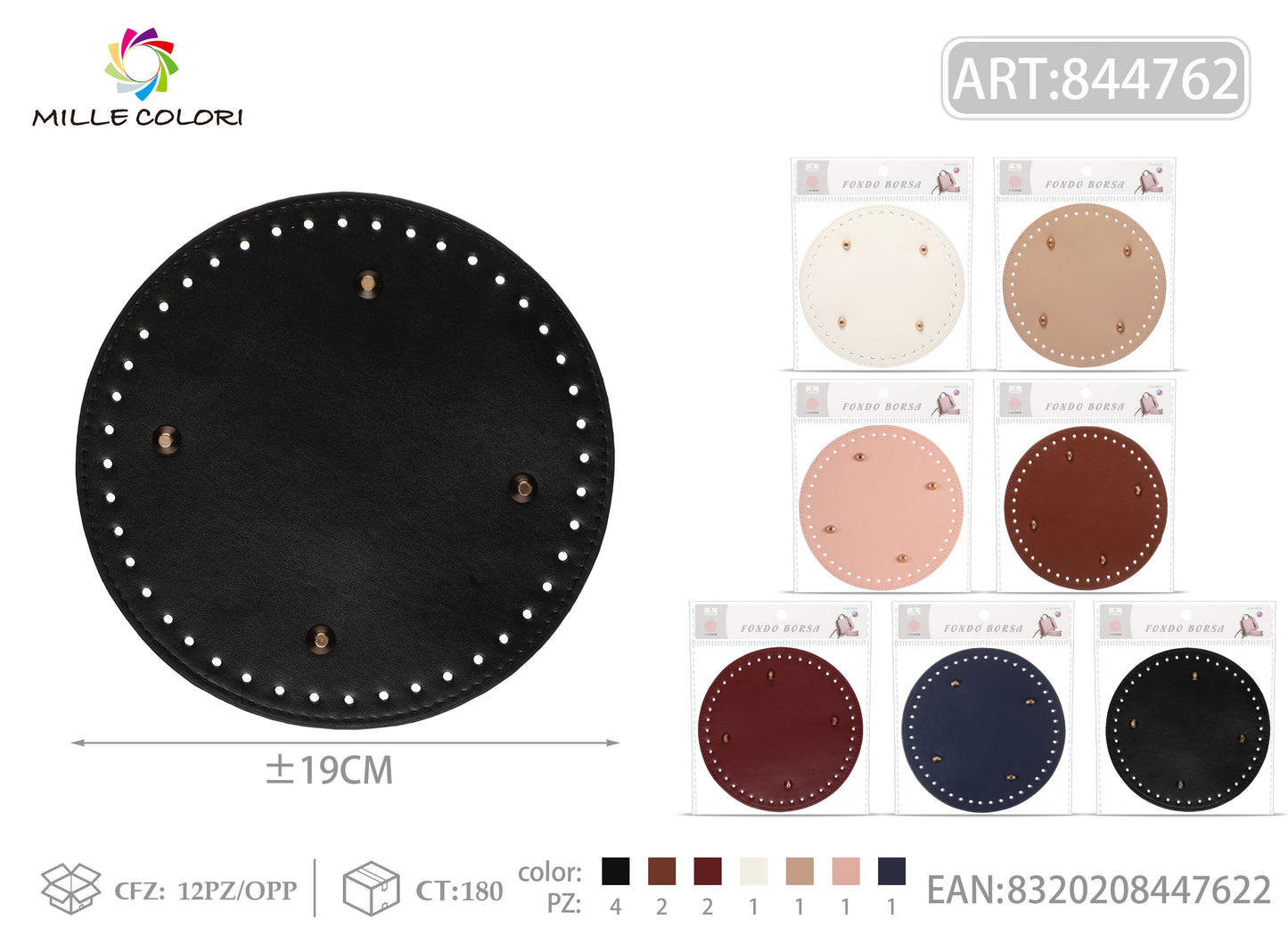 Base rotonda 19cm in ecopelle Mille Colori in 7 varianti colore con piedini metallici protettivi.