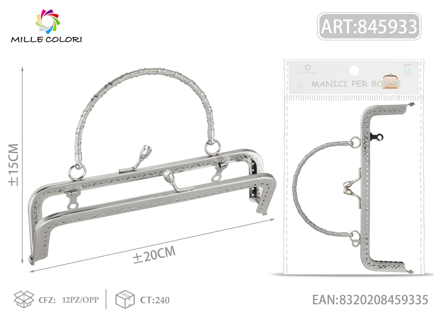 Chiusura clic clac 2 per borsa argento 20x15 cm con manico tondo #1 Mille Colori per clutch, pochette e handmade
