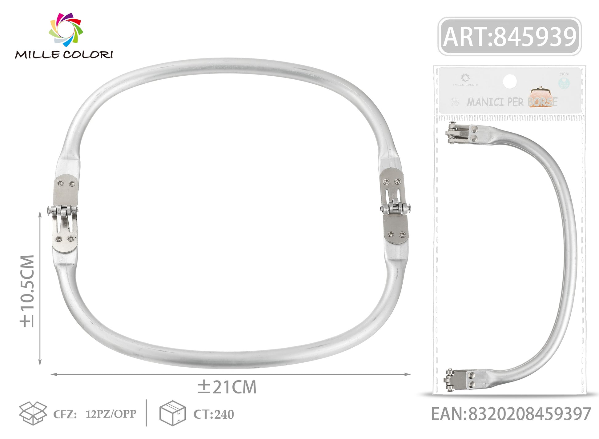 Chiusura clic clac a molla per borsa curva 21x10,5 cm argento Mille Colori per borse fai da te e handmade