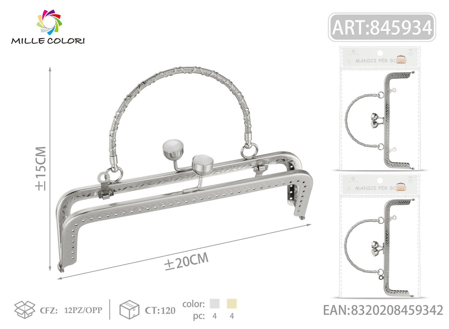 Chiusura clic clac per borsa argento 20x15 cm con manico tondo Mille Colori per clutch, pochette e handmade