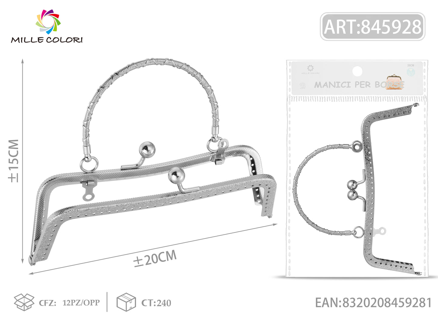 Chiusura clic clac per borsa argento M 20x15 cm con manico tondo Mille Colori per clutch, pochette e handmade
