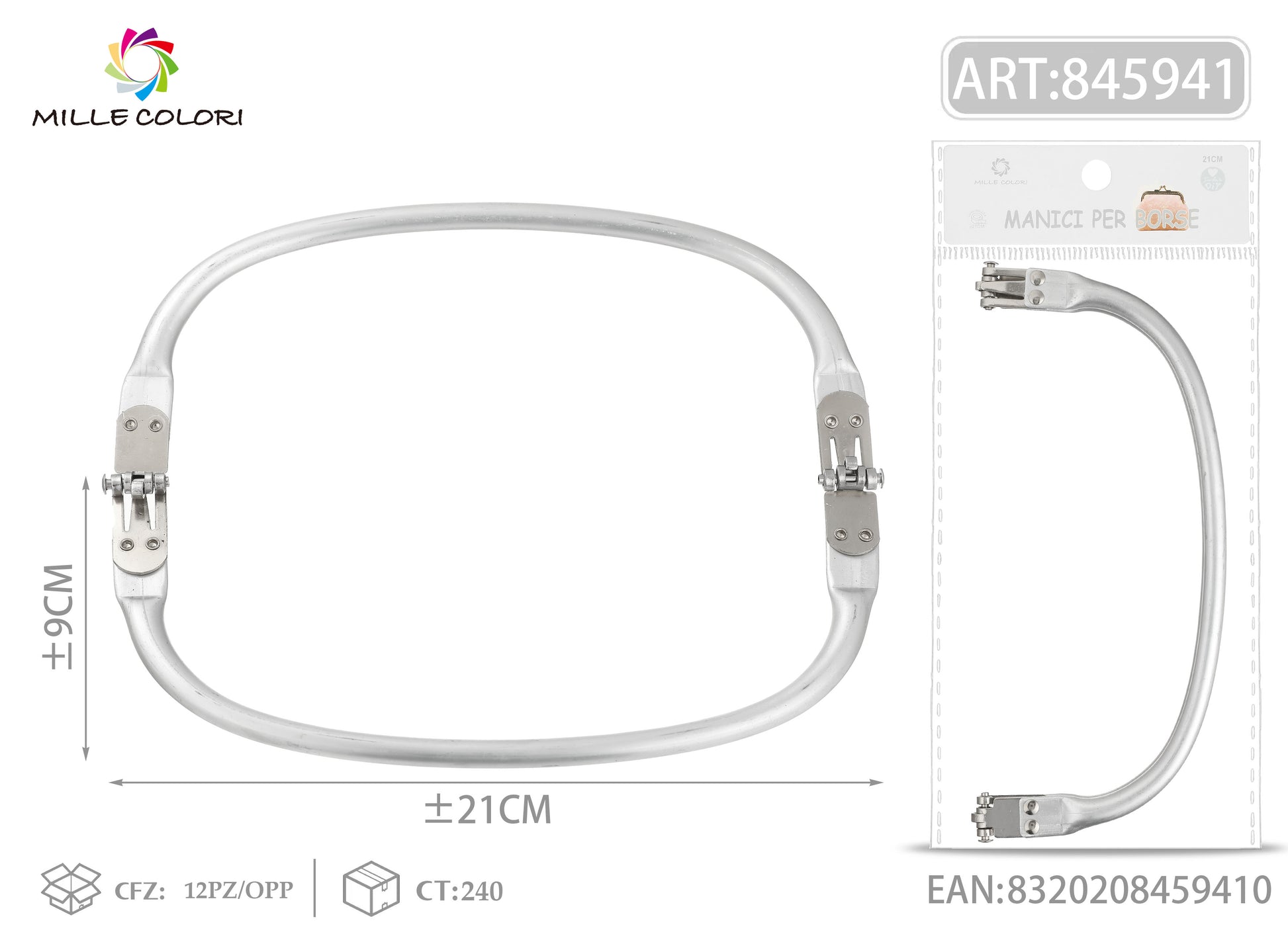 Chiusura clic clac per borsa curva 21x9 cm argento Mille Colori per clutch, pochette e handmade