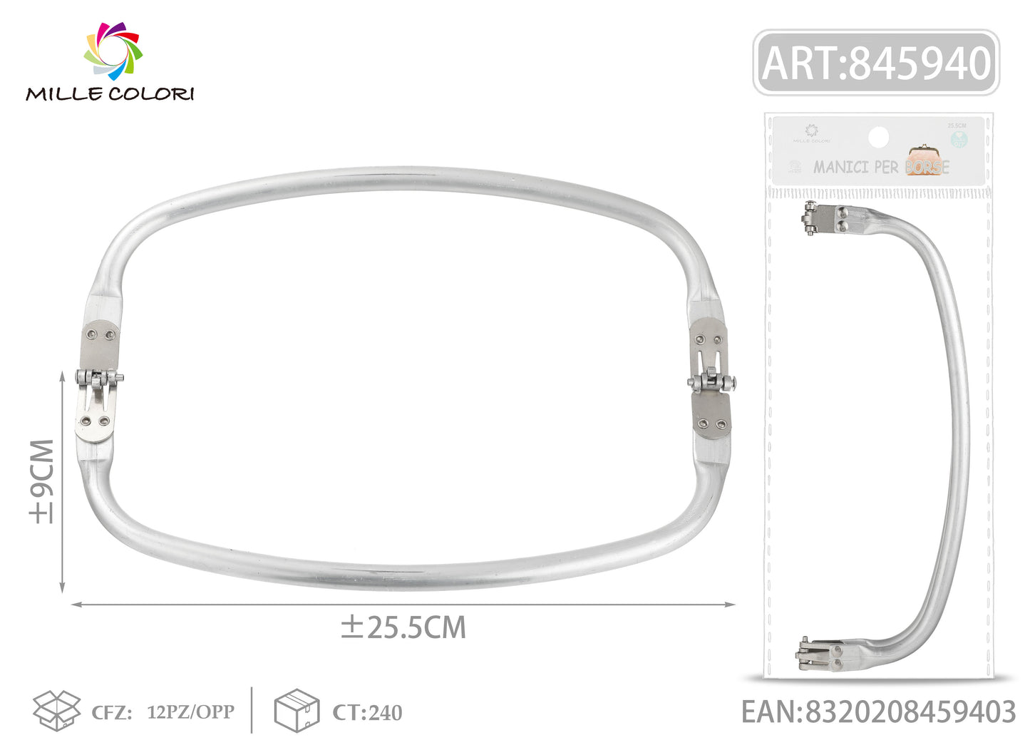 Chiusura clic clac per borsa curva 25,5x9 cm argento Mille Colori per clutch, pochette e handmade