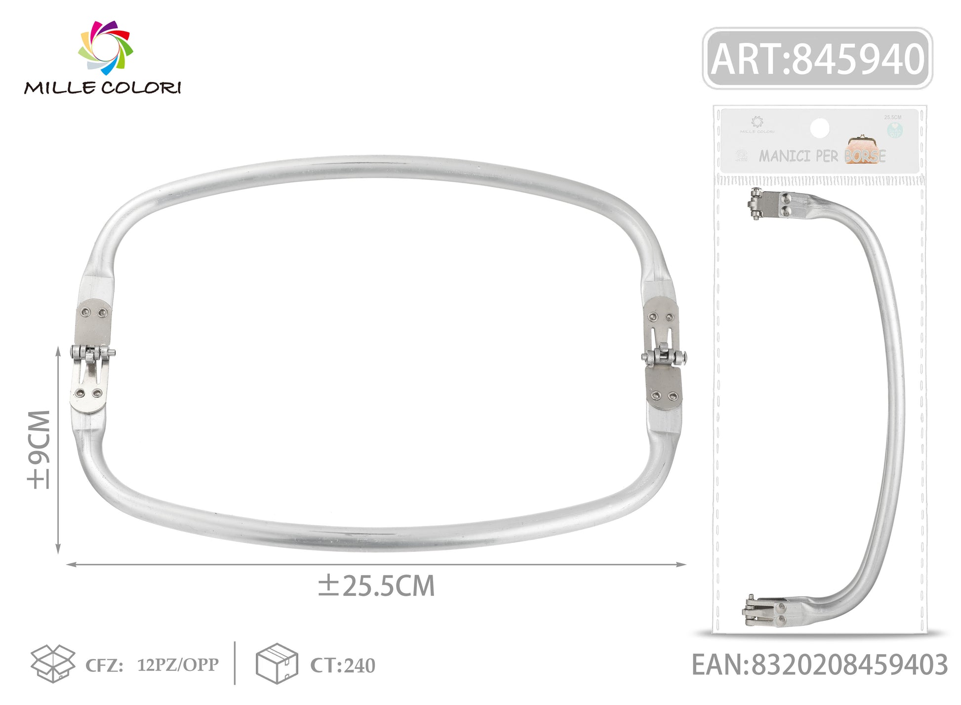 Chiusura clic clac per borsa curva 25,5x9 cm argento Mille Colori per clutch, pochette e handmade