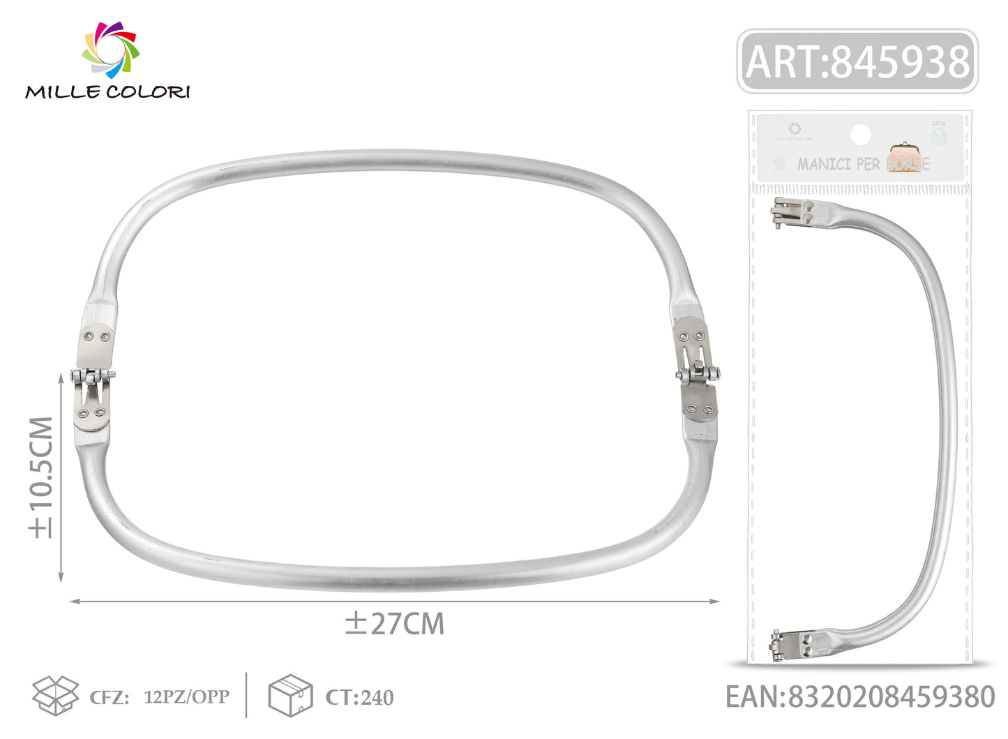 Chiusura clic clac per borsa curva 27x10,5 cm argento Mille Colori per clutch, pochette e handmade