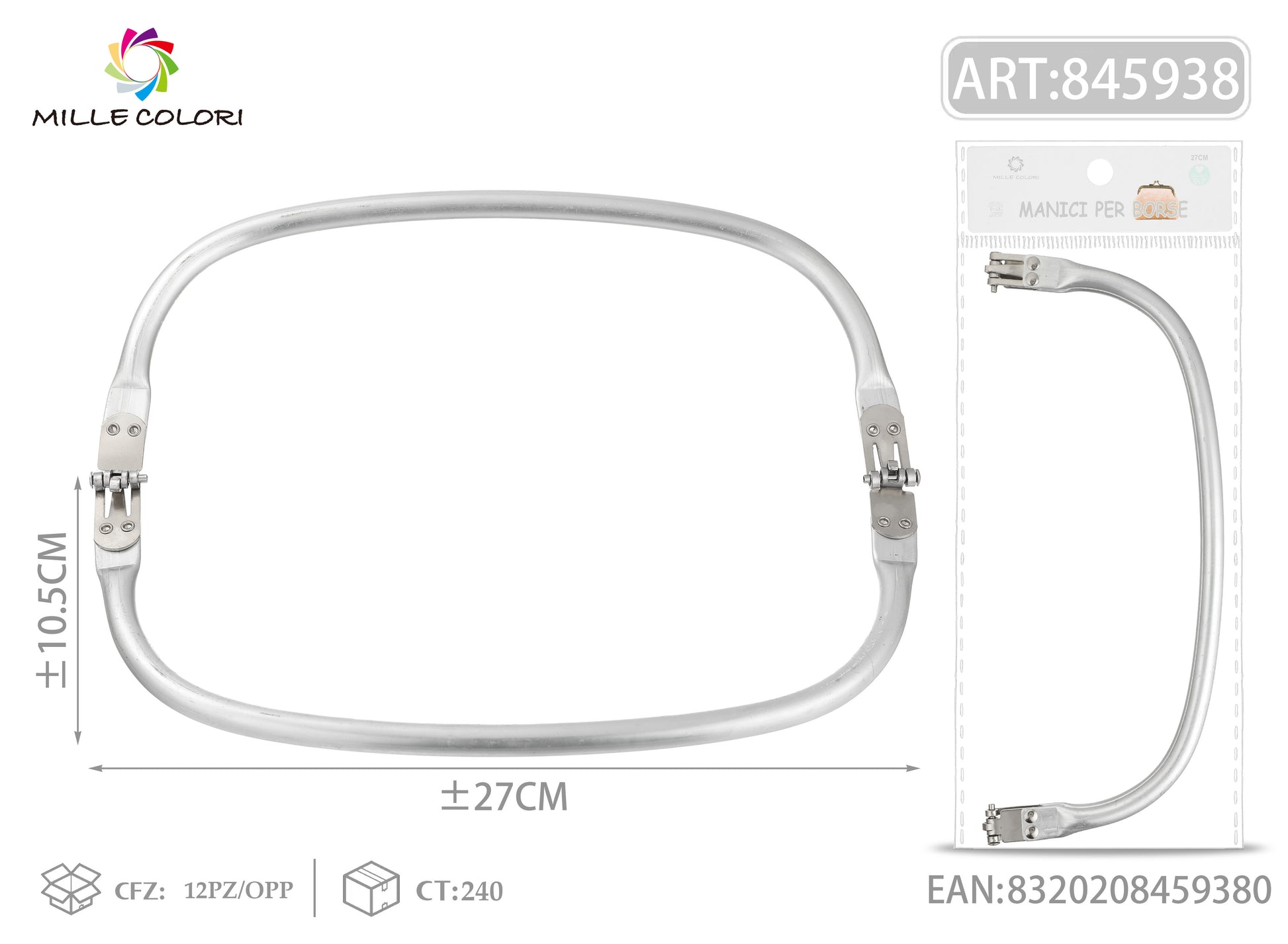 Chiusura clic clac per borsa curva 27x10,5 cm argento Mille Colori per clutch, pochette e handmade