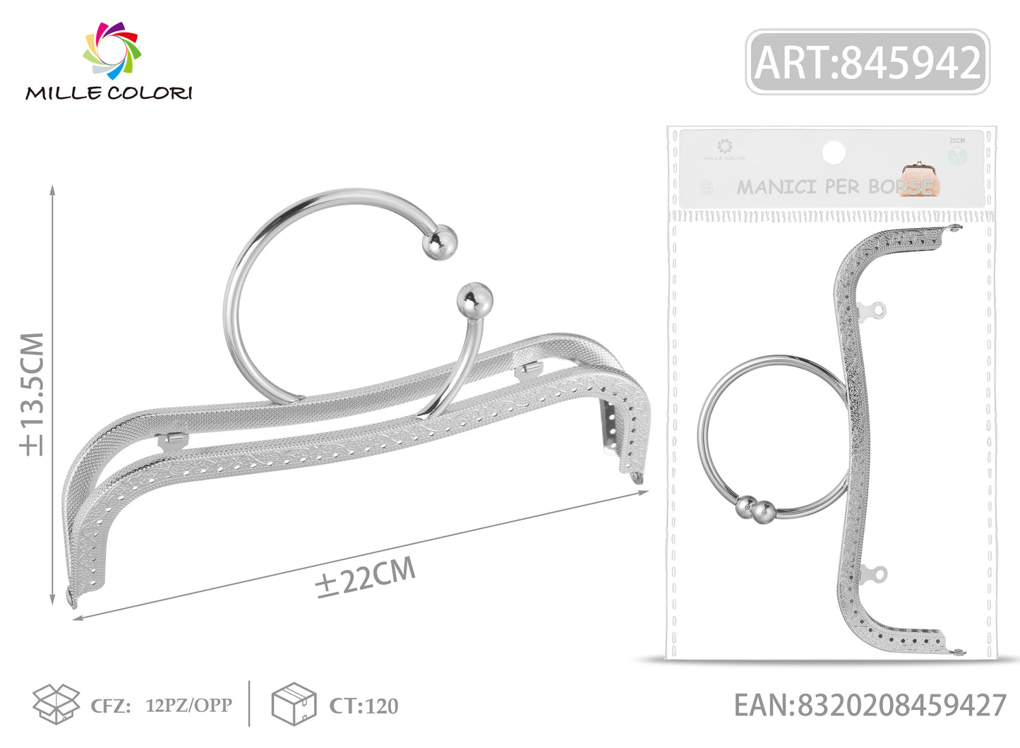 Chiusura clic clac per borsa glitter argento 22x13,5 cm con manico tondo Mille Colori per clutch, pochette e handmade