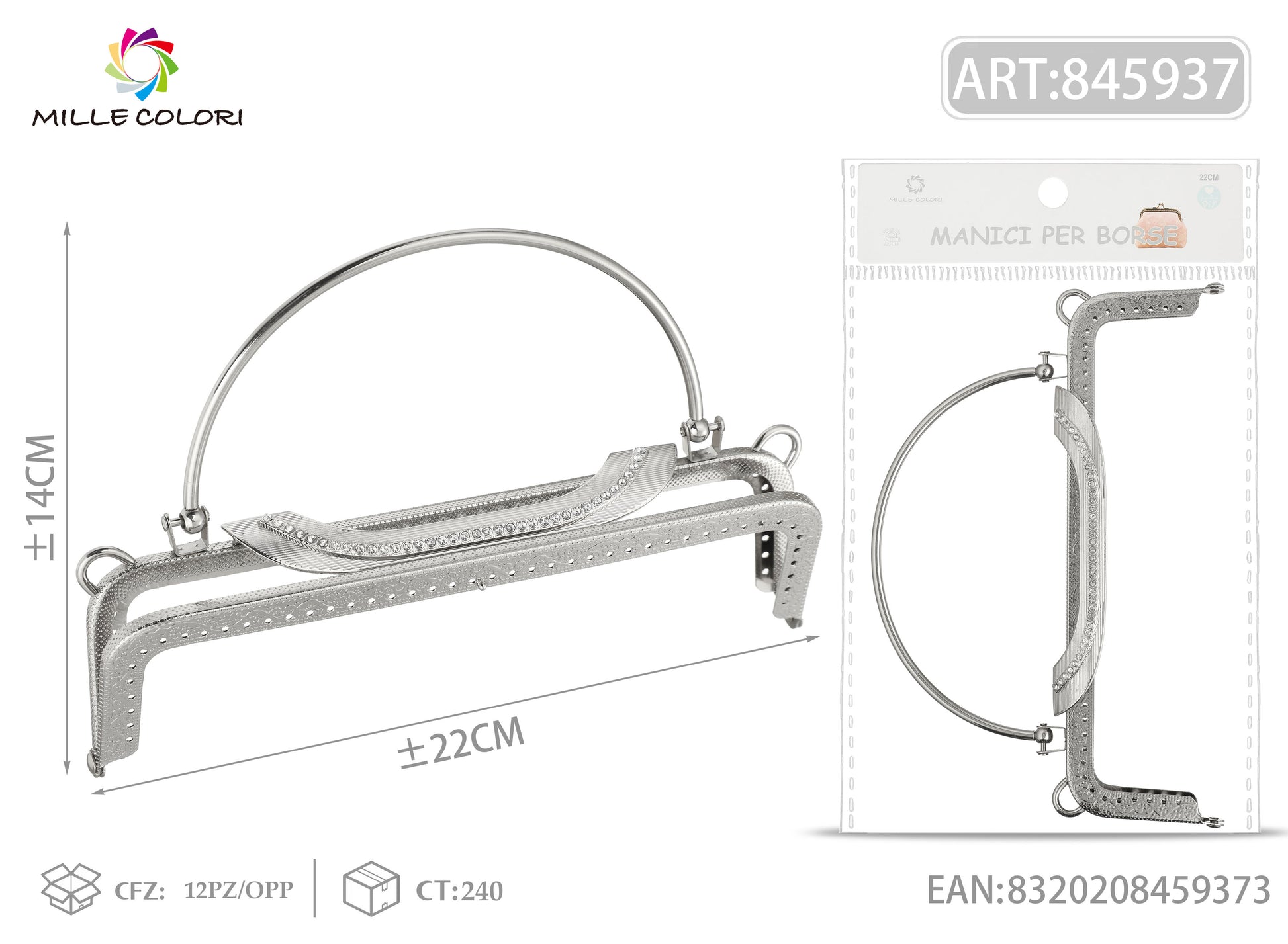 Chiusura clic clac per borsa glitter argento 22x14 cm con manico e patta Mille Colori per clutch, pochette e handmade