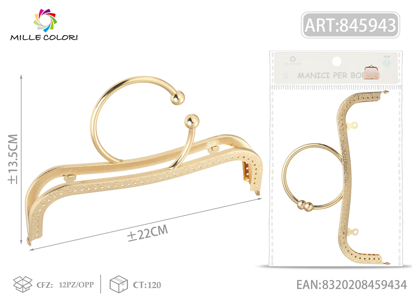 Chiusura clic clac per borsa glitter oro 22x13,5 cm con manico tondo Mille Colori per clutch, pochette e handmade