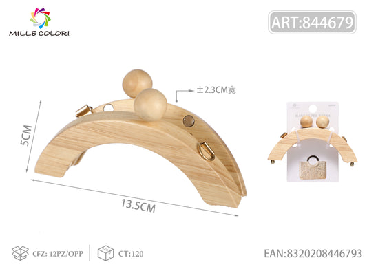 Chiusura clic clac per borsa in legno curva 13,5x5 cm con pomelli in legno naturale Mille Colori per pochette e handmade