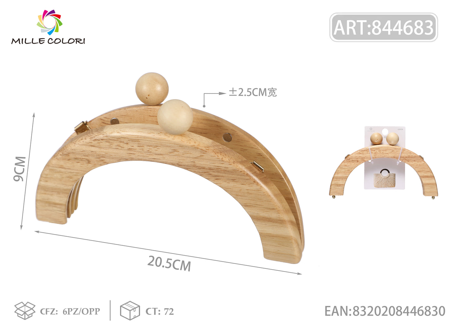 Chiusura clic clac per borsa in legno curva 20,5x9 cm Mille Colori per clutch, pochette e handmade